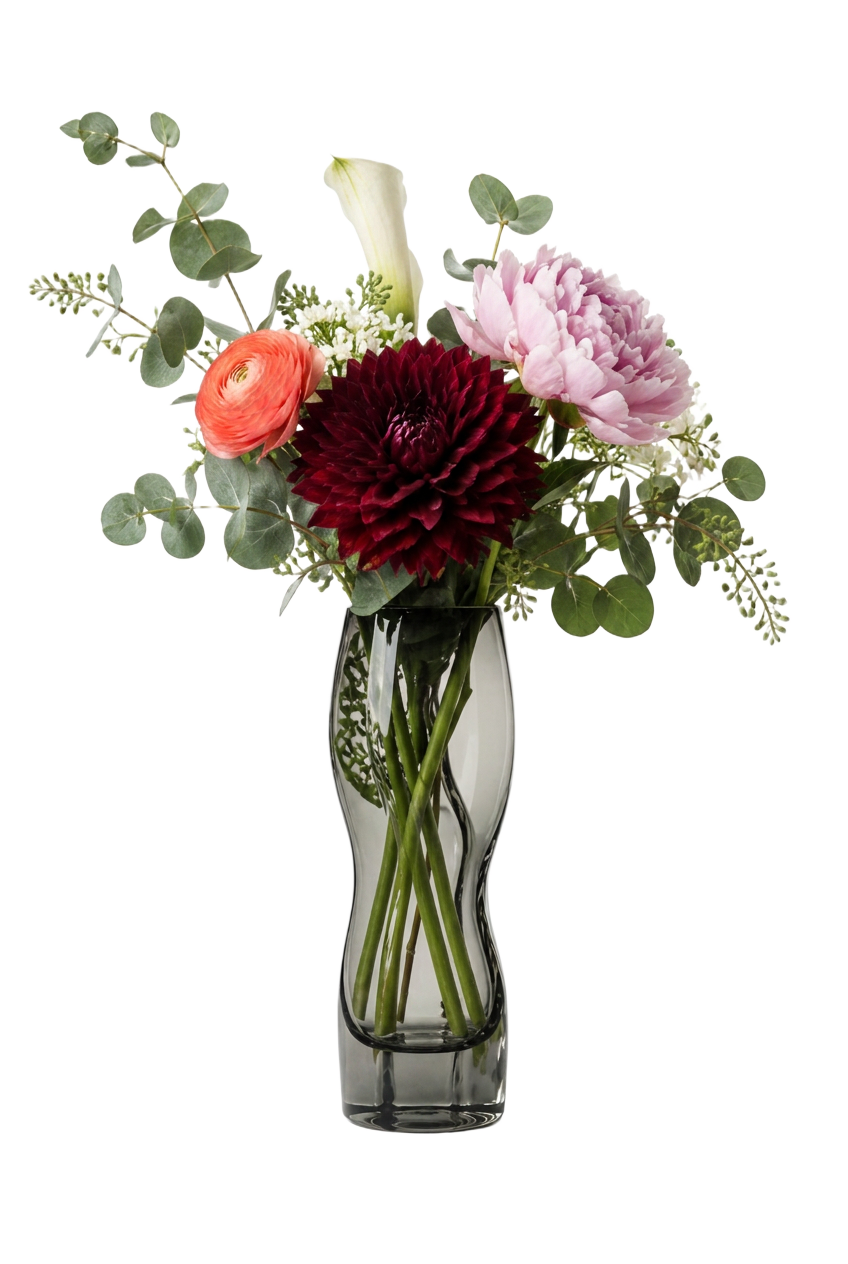 Side-on studio photograph of Black Jack in a smoke-glass vase
