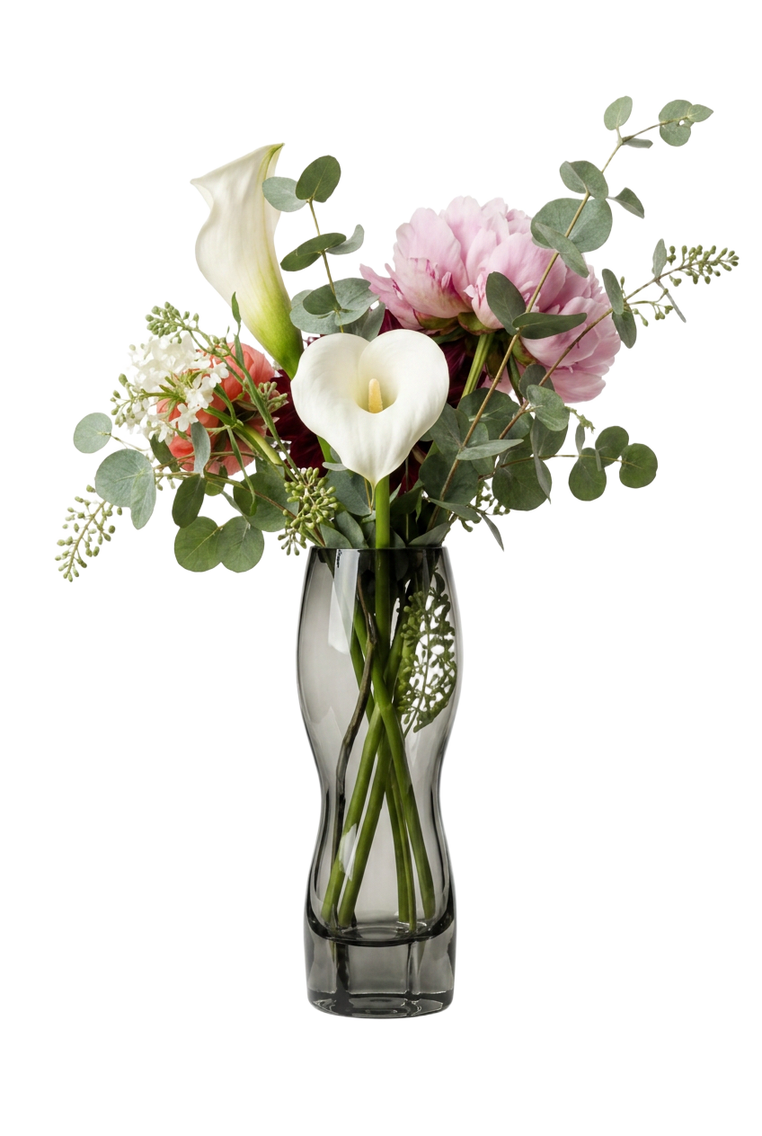 Side-on studio photograph of Morning Light in a smoke-glass vase