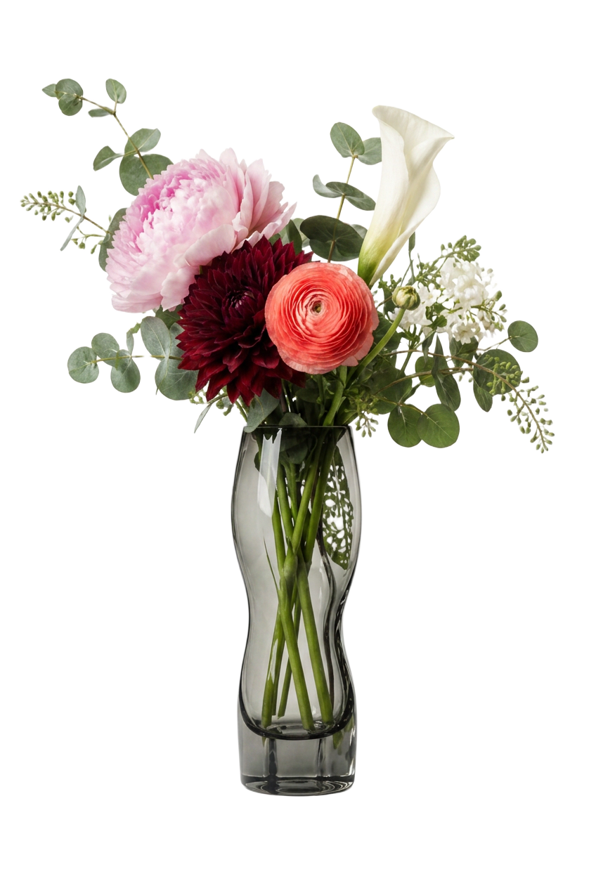 Side-on studio photograph of Amandine Coral in a smoke-glass vase